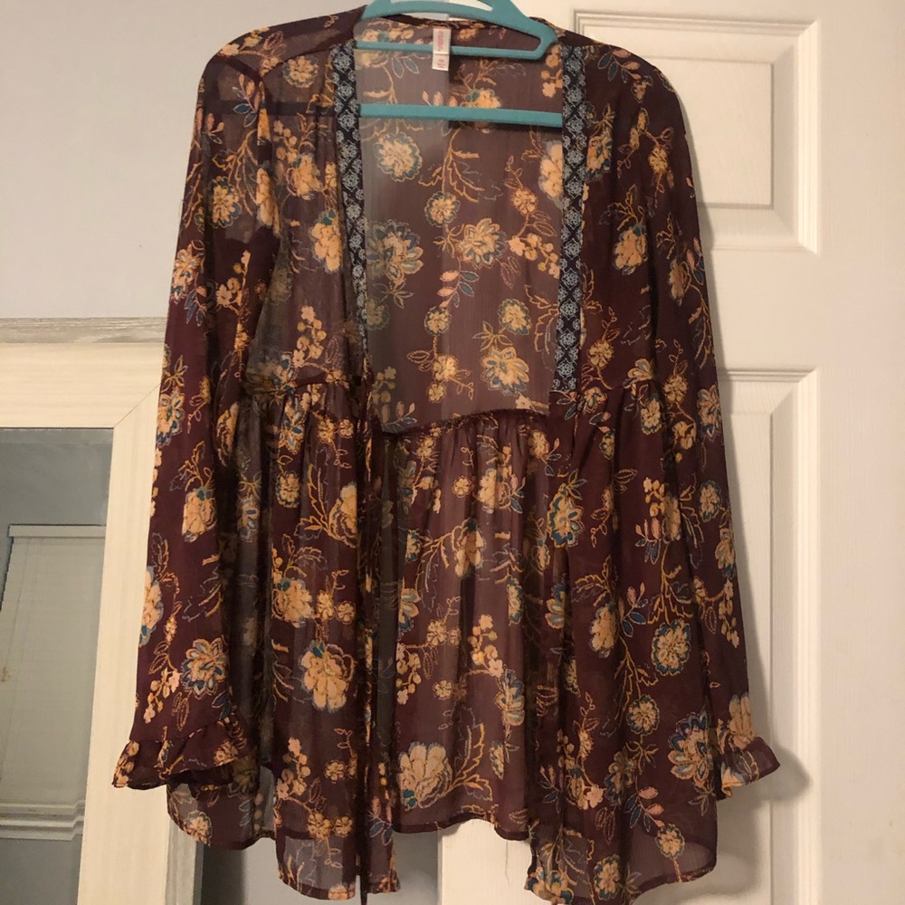 Maroon Floral Long Sleeve Beach Coverup